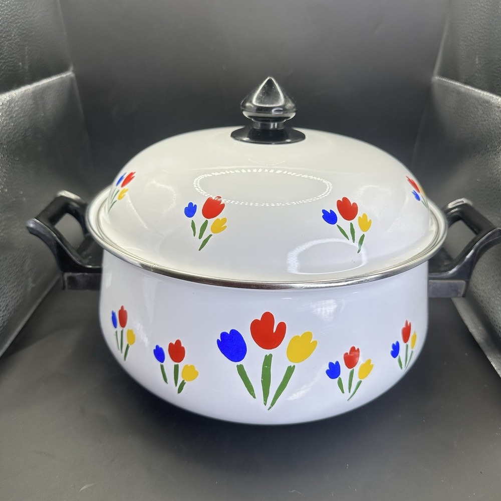 Vintage Tulip Thyme Enamel Cooking Pot Lid 10.5" Cottage Floral Grandma